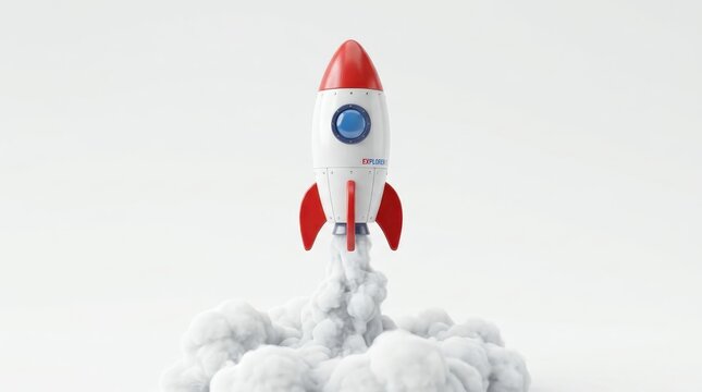 3D Render of a Rocket Launching with Smoke Clouds on White Background - Concept for Startup Success and Innovation