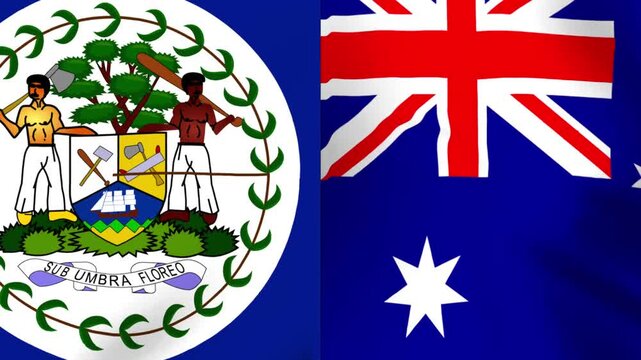 National flags of Belize and Australia waving together in a side by side conceptual international friendship design