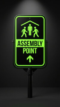 Bright Neon Assembly Point Sign With People Icon And Arrow Below Against Dark Background