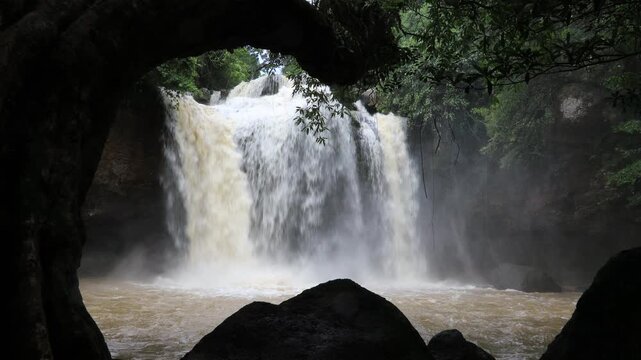 The beautiful nature backdrop of the Haew Narok waterfall in Khao Yai National Park is a stunning feature of the forest and a popular destination for tourists.
