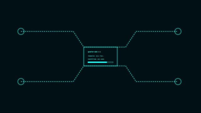 Futuristic quantum data transfer interface with loading progress bar and network nodes animation 4k