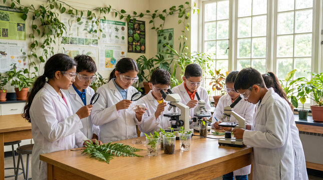 Group of elementary school students conducting botany science experiments with microscopes and plants in a classroom laboratory