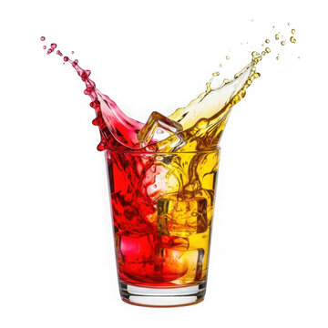 Red and yellow cocktail splash in glass with ice cubes isolated on white background