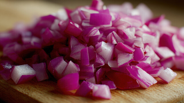 Chopped red onion on cutting board displaying fresh ingredients with natural colors and texture
