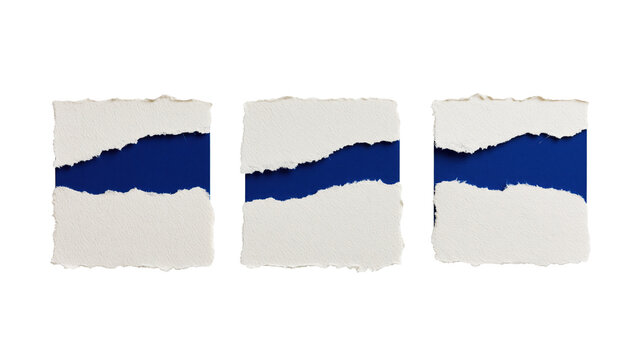 Three textured paper pieces with diagonal torn gaps revealing blue