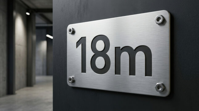 Brushed Metal Sign Displaying '18m' In Modern Industrial Setting
