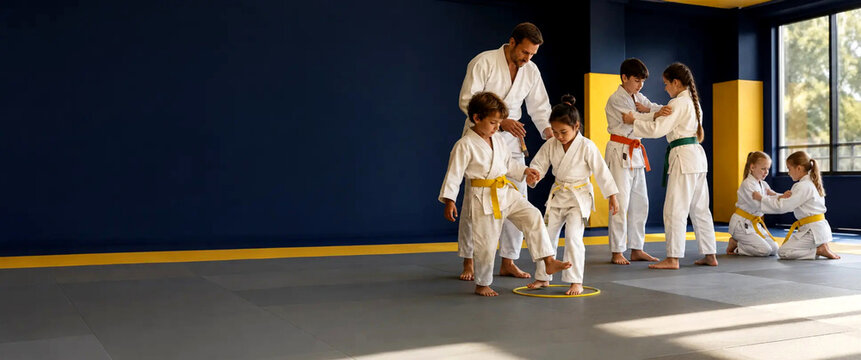 Judo Coach Training Young Children with Yellow Belts