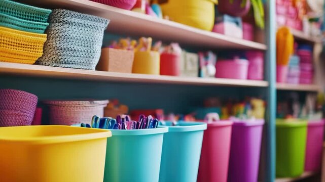 Various colored storage bins stacked on a shelf