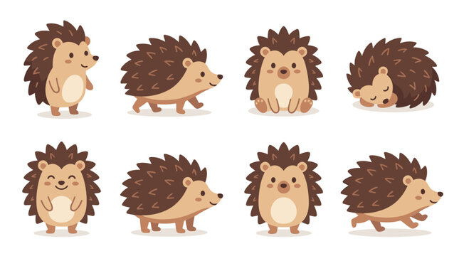 Cute hedgehog character set vector with various poses like standing sitting walking running and sleeping curled up isolated on white background