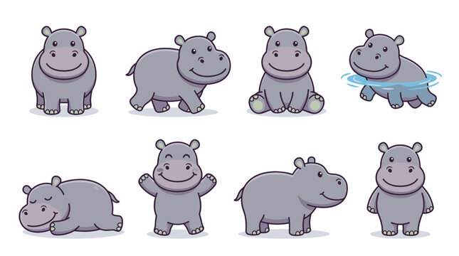 Cute hippo character set vector with various poses like standing sitting walking swimming sleeping and waving isolated on white background