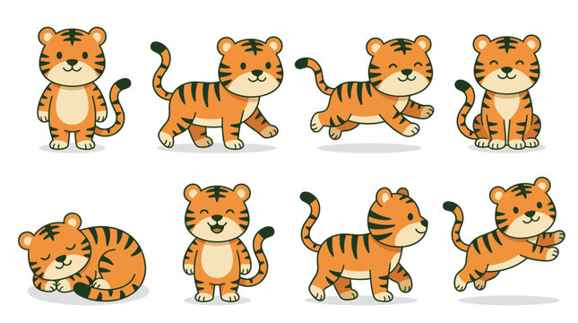 Cute tiger character set vector with various poses like standing sitting walking running pouncing and sleeping isolated on white background