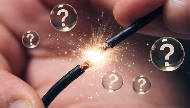 Electric spark between two wires with floating question marks representing technical problems.