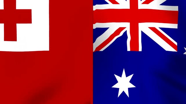 National flags of Tonga and Australia combined showing a split design with wavy fabric texture