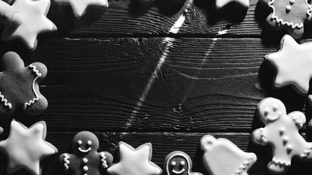 Gingerbread cookies arranged on a dark wooden surface with a hand placing a cookie, a festive holiday concept