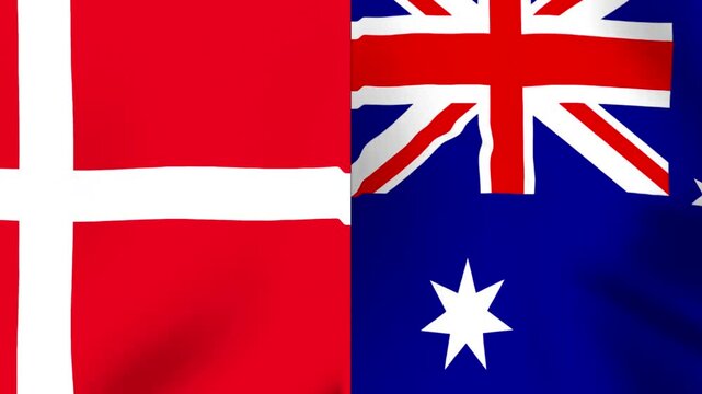 The national flags of denmark and australia joined together in a wavy fabric texture design