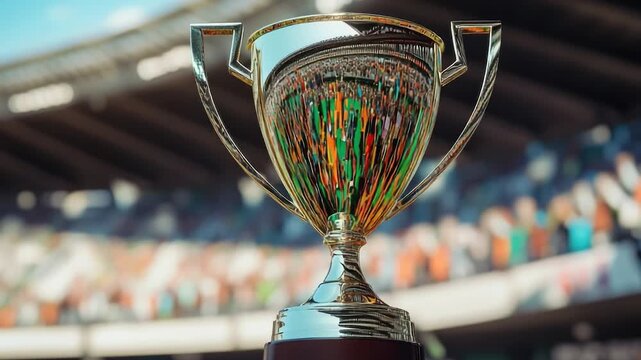 A close-up of a silver trophy with a crowd in the background, ideal for sport or award ceremony