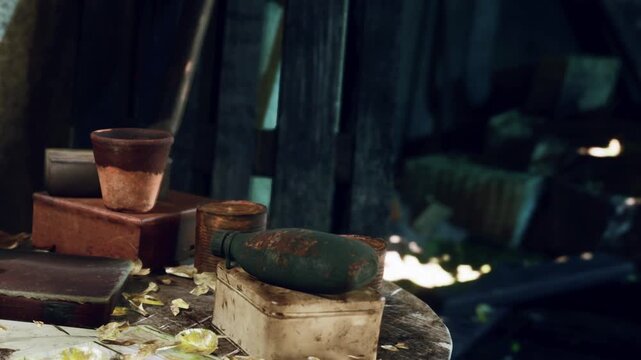 A collection of old pots and a green bottle are placed on a wooden table. The scene is in a dusty, abandoned building with light streaming through a broken window.