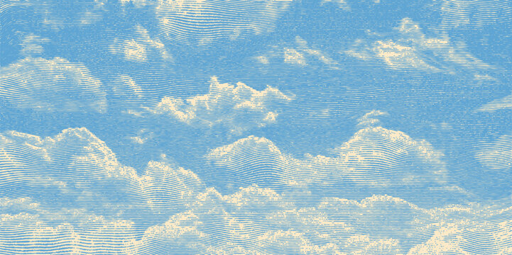 Vector retro engraving woodcut linear halftone sky illustration. Sky made in a blue and cream line art style.