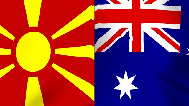 Two national flags of macedonia and australia waving side by side representing international friendship and diplomatic relations