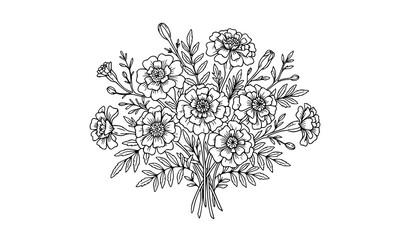 Fototapeta premium Detailed hand drawn bouquet of flowers and leafy botanical stems in floral arrangement