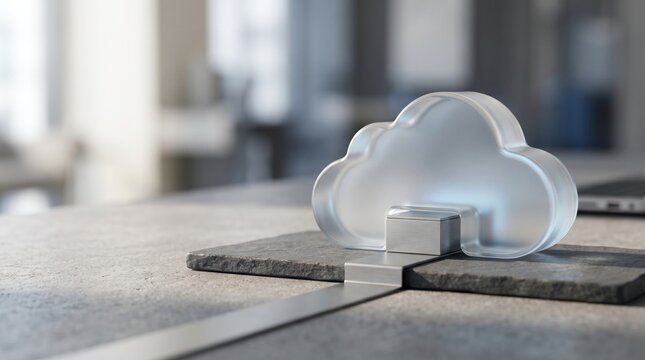 A small glass cloud icon sitting on a dark stone tile representing modern digital cloud computing technology concepts