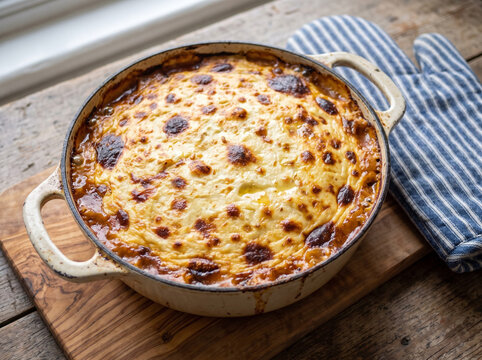 Freshly baked greek moussaka with golden brown b&eacute;chamel crust in ceramic casserole dish