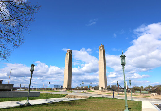 Harrisburg, Pennsylvania USA &ndash; 4 17 2024:Aaerial drone photo of the State Street Bridge in Harrisburg, Pennsylvania. The phot captures the two pylons