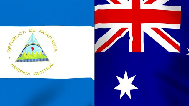 Waving fabric flags of Nicaragua and Australia joined together in a single horizontal composition representing international cooperation and diplomatic friendship