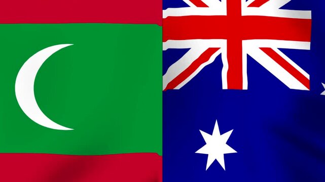 Waving fabric flags of the Maldives and Australia side by side in a conceptual international relations image