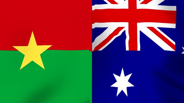 Waving flags of Burkina Faso and Australia side by side showing international diplomatic relations and cooperation