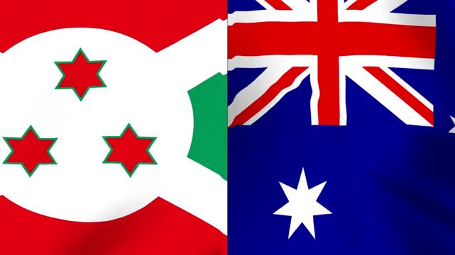 Waving flags of Burundi and Australia side by side in a conceptual international diplomatic alliance and cooperation design
