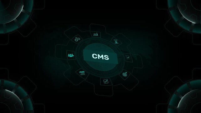 Dynamic cms management system interface with global network connectivity futuristic hud data visualization. Motion graphics of 3d hud concept