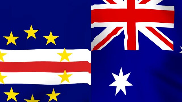 Waving flags of Cape Verde and Australia placed side by side representing international cooperation and diplomatic relations