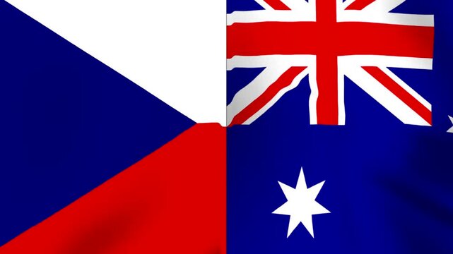 Waving flags of Czech Republic and Australia combined in a split design representing international partnership and diplomacy