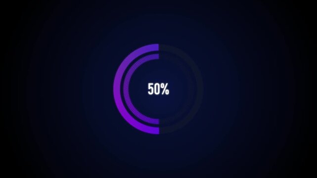 Animated 100 Percent Circular Progress Loading Indicator on dark blue background.4k video