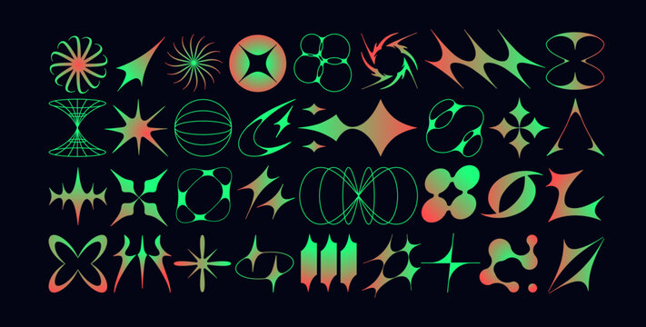 Futuristic abstract shapes set in Y2k style. Acid aesthetic figures, retro effects and decorations. Gradient design elements, modern neon glowing geometric forms. Isolated flat vector illustrations