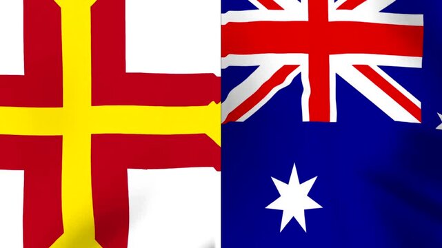 Waving flags of Guernsey and Australia side by side representing international cooperation