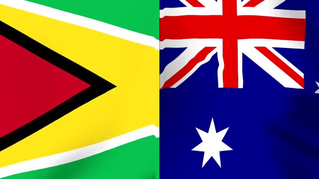 Waving flags of Guyana and Australia joined together as a symbol of international cooperation