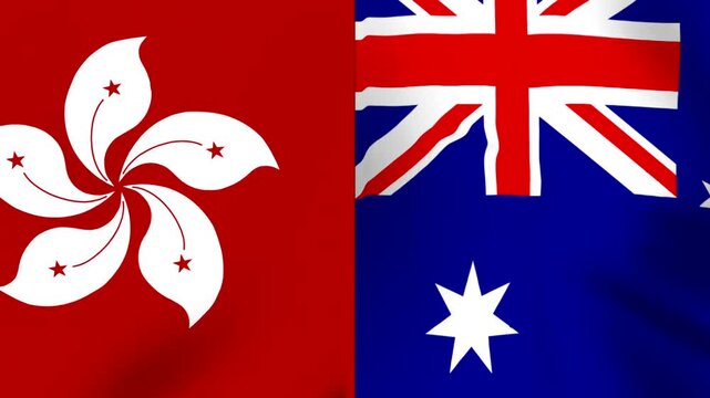 Waving flags of Hong Kong and Australia side by side showing national symbols and colors