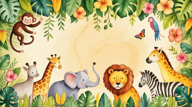Watercolor jungle animals border with monkey, lion, elephant, giraffe, and zebra