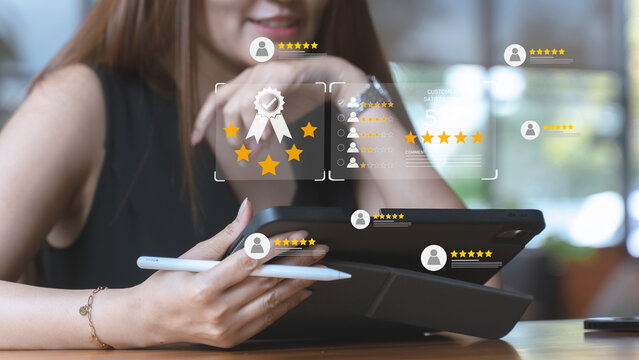 Customer Satisfaction Survey and Five Star Rating on Digital Tablet