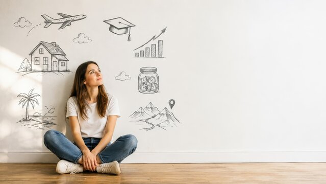 Young woman visualizing future goals and planning success, education, savings, home ownership, career growth and travel.