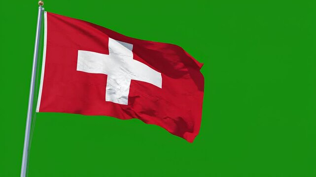 The national flag of switzerland waving against a solid green background, highquality fabric texture with a clear white cross on a red field