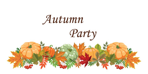 Fototapeta premium Autumn pattern, with autumn leaves and pumpkin. For the design of cards, banners and clipart. Vector illustration. 