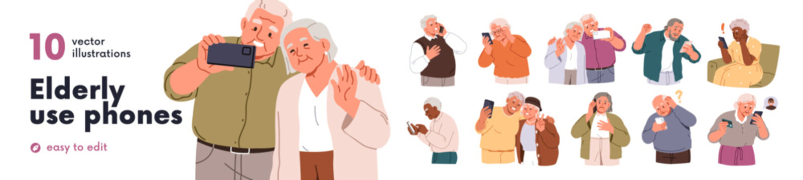 Old people using smartphones set. Senior aged men and elderly women and technology, with mobile phones, calling, texting, video chat, selfie. Flat vector illustrations isolated on white background