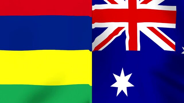 Waving flags of Mauritius and Australia side by side in a conceptual international relations and diplomatic friendship background image