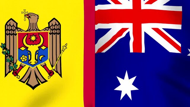 Waving flags of Moldova and Australia side by side representing international friendship