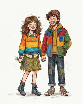 Happy hippie woman and man holding hands while wearing colorful bohemian clothing and carrying flowers. Hand drawn illustration celebrating love, friendship, individuality and joyful youthful fashion.