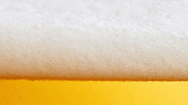Close-up view of fresh cold beer foam and bubbles on top of golden liquid, macro shot of carbonation in a refreshing beverage for concepts