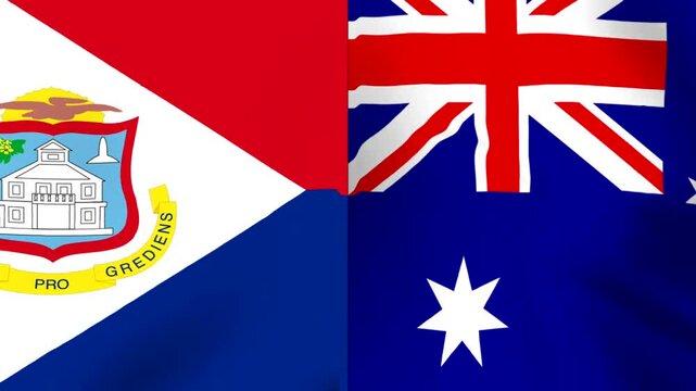 Waving flags of Saint Martin and Australia side by side in a split screen composition